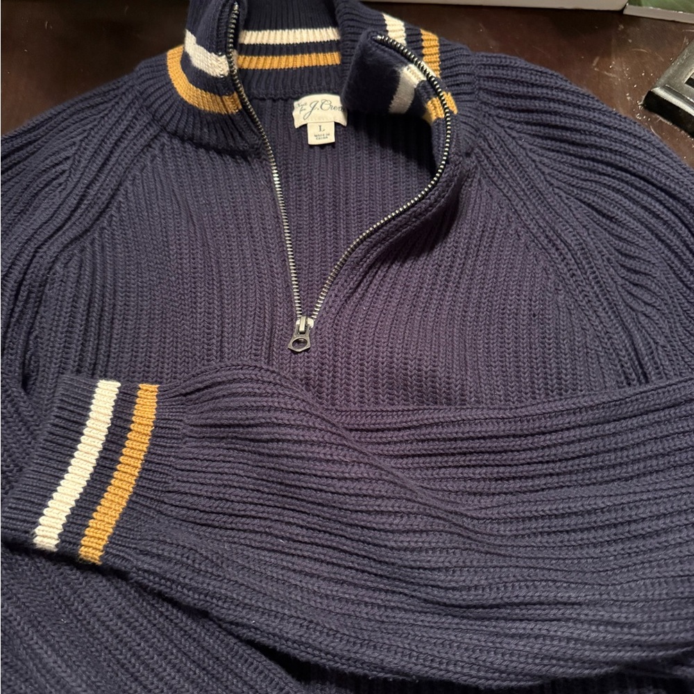 J. Crew Men’s Navy Half-Zip Sweater with Gold & White Stripe Trim